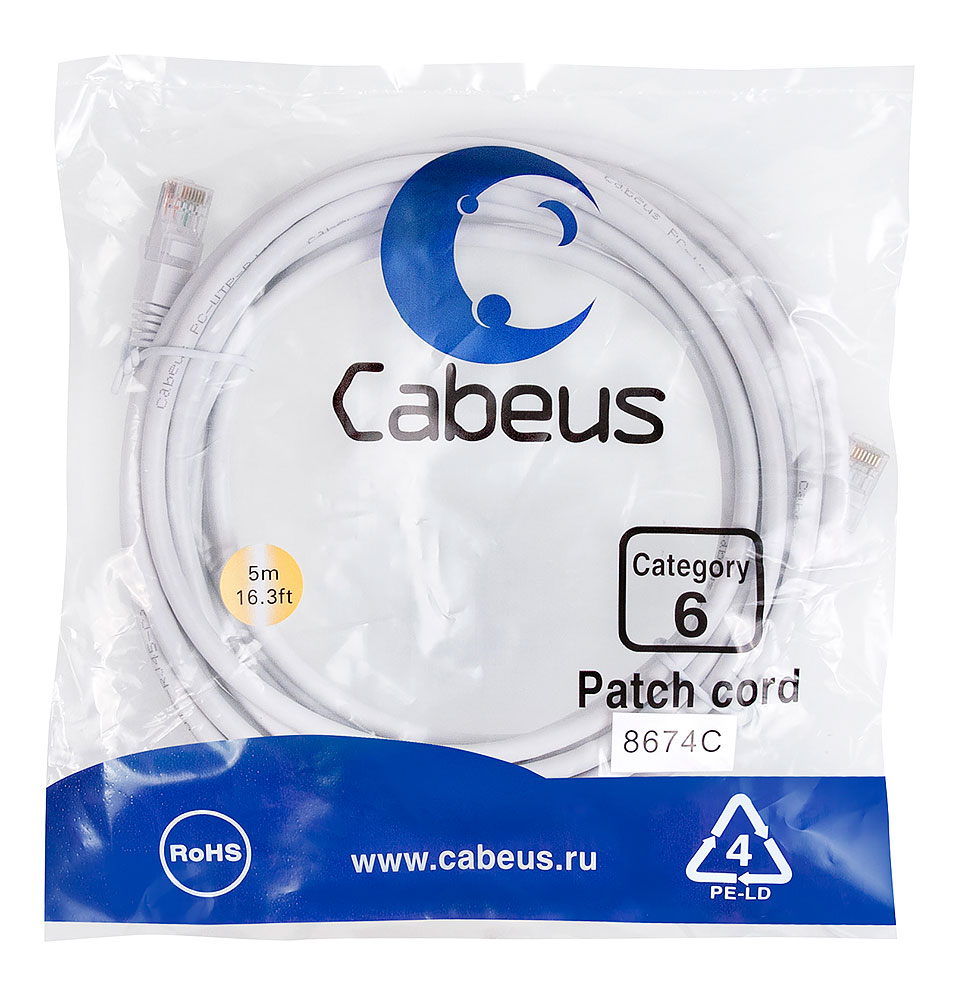 Патч-корд RJ45 UTP 6 Cabeus PC-UTP-RJ45-Cat.6-5m-WH PVC белый 5 метров
