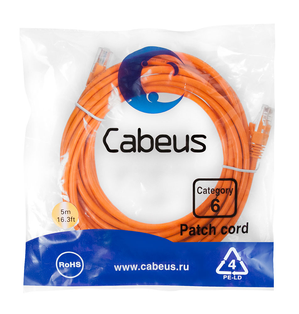 Патч-корд RJ45 UTP 6 Cabeus PC-UTP-RJ45-Cat.6-5m-OR PVC оранжевый 5 метров