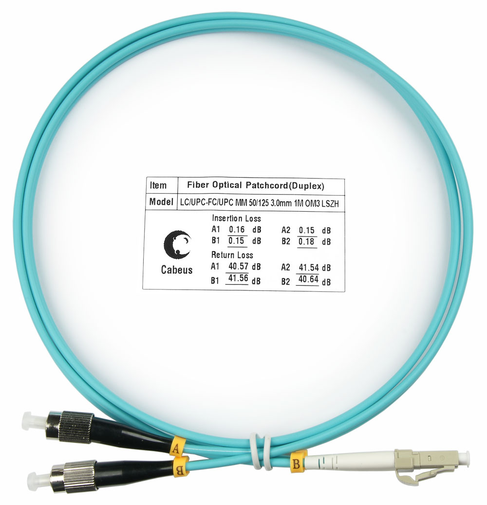 Оптический патч-корд duplex FC-LC 50/125 MM Cabeus FOP-50-LC-FC-1m 1 метр бирюзовый LSZH