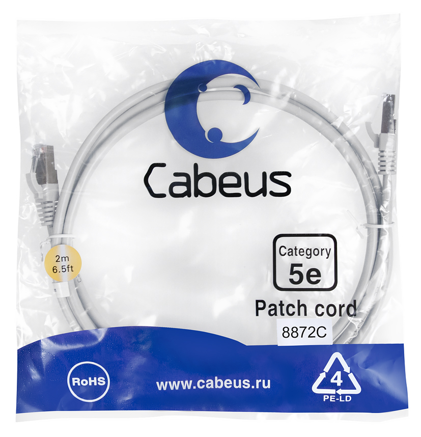 Патч-корд RJ45 F/UTP 5e Cabeus PC-FTP-RJ45-Cat.5e-2m-LSZH LSZH серый 2 метра