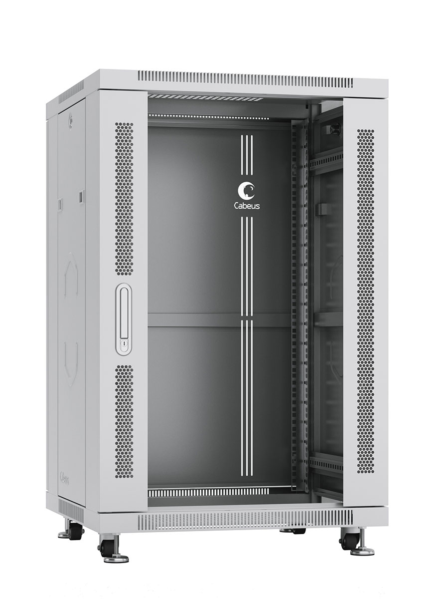 Cabeus SH-05C-18U60/100 Шкаф монтажный телекоммуникационный 19" напольный для распределительного и серверного оборудования 18U 600x1000x988mm (ШхГхВ) передняя стеклянная и задняя сплошная металлическая двери, ручка с замком, цвет серый (RAL 7035) — фото