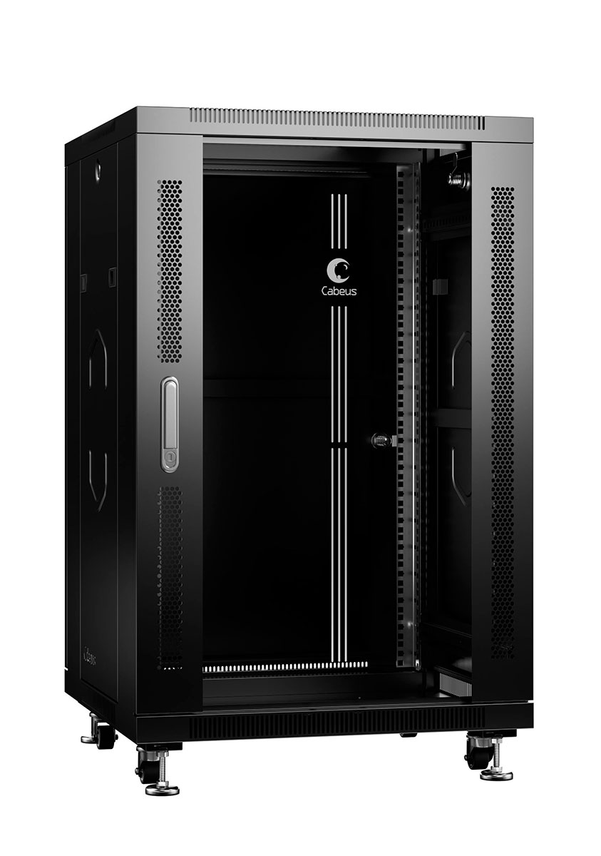 Cabeus SH-05C-18U60/100-BK Шкаф монтажный телекоммуникационный 19" напольный для распределительного и серверного оборудования 18U 600x1000x988mm (ШхГхВ) передняя стеклянная и задняя сплошная металлическая двери, ручка с замком, цвет черный (RAL 9004) — фото