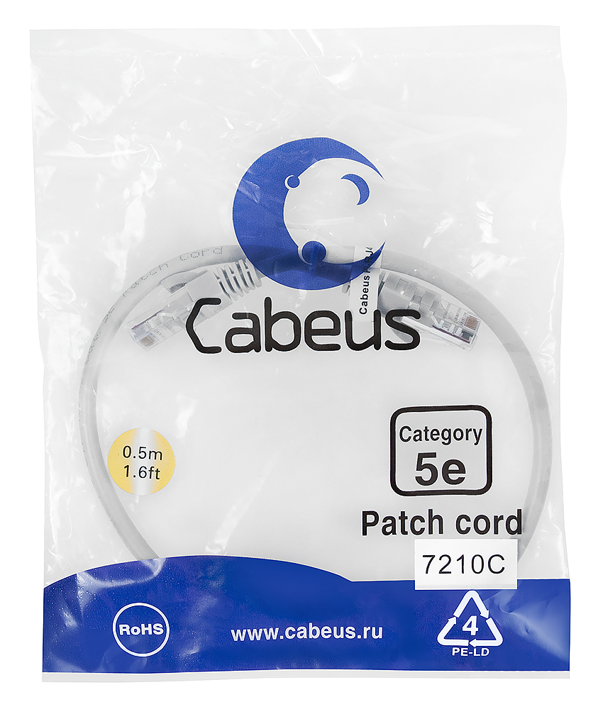 Патч-корд RJ45 UTP 5e Cabeus PC-UTP-RJ45-Cat.5e-0.5m PVC серый 0.5 метра — фото