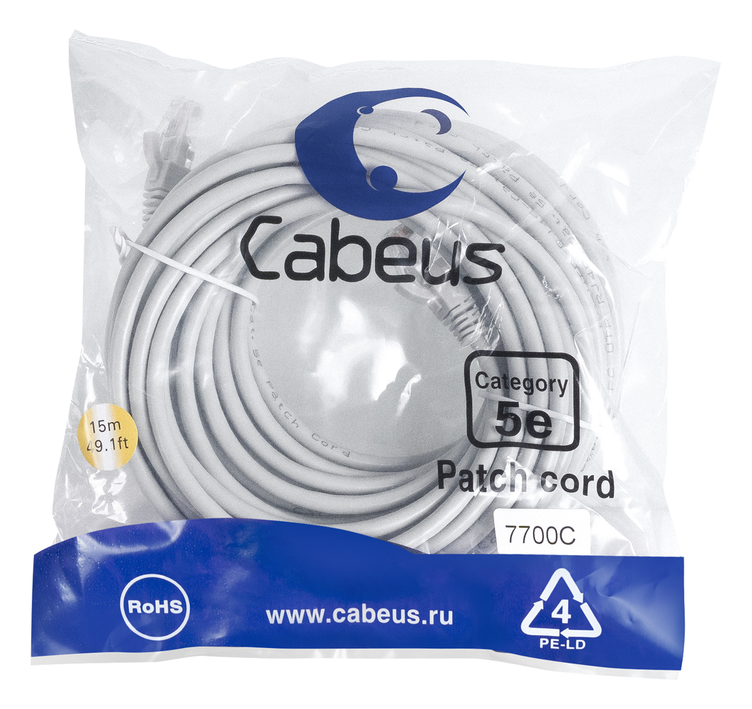 Патч-корд RJ45 UTP 5e Cabeus PC-UTP-RJ45-Cat.5e-15m PVC серый 15 метров