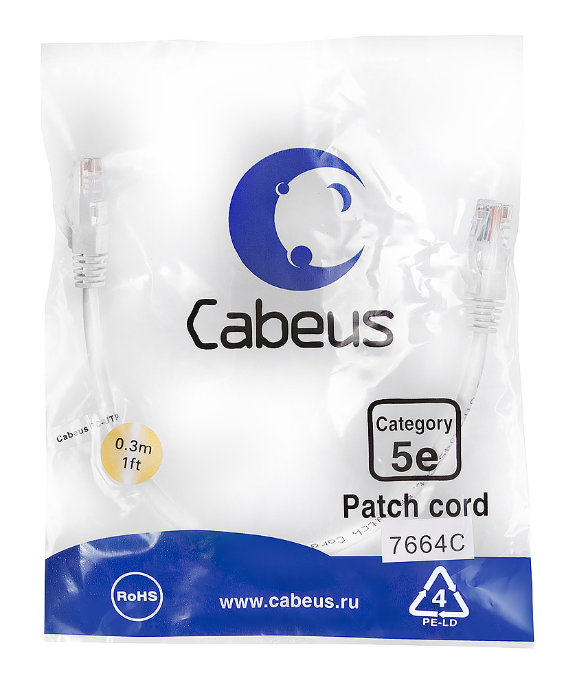 Патч-корд RJ45 UTP 5e Cabeus PC-UTP-RJ45-Cat.5e-0.3m-WH-LSZH LSZH белый 0.3 метра — фото