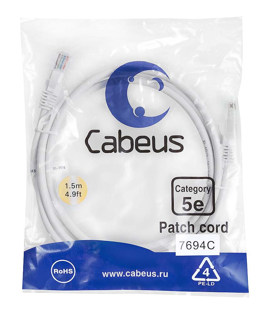 Патч-корд RJ45 UTP 5e Cabeus PC-UTP-RJ45-Cat.5e-1.5m-WH-LSZH LSZH белый 1.5 метра