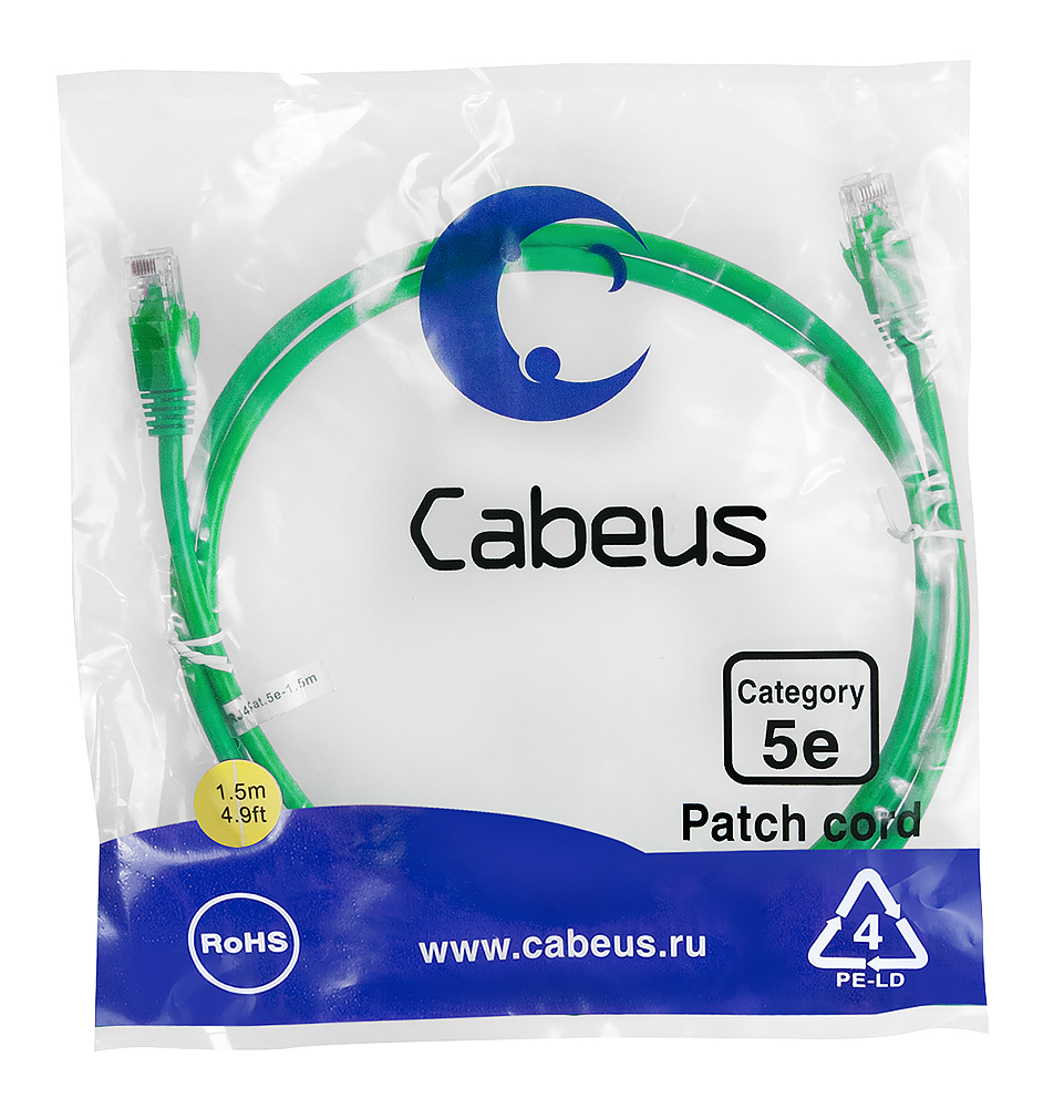 Патч-корд RJ45 UTP 5e Cabeus PC-UTP-RJ45-Cat.5e-1.5m-GN-LSZH LSZH зеленый 1.5 метра — фото