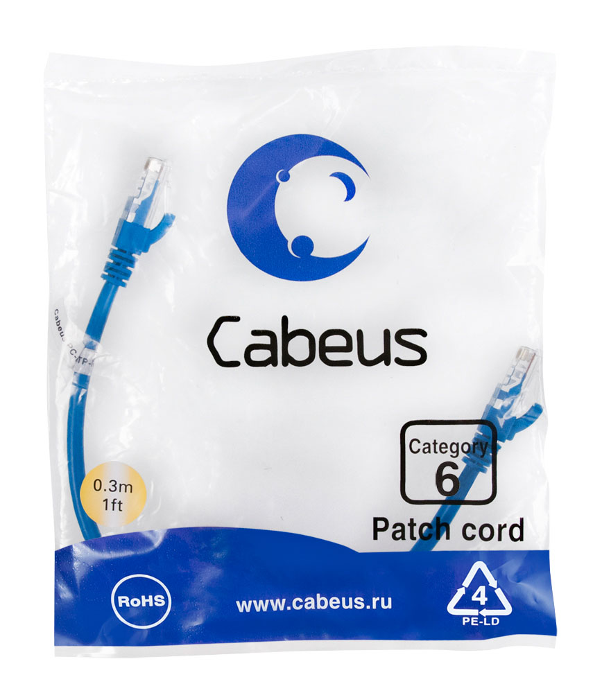 Патч-корд RJ45 UTP 6 Cabeus PC-UTP-RJ45-Cat.6-0.3m-BL PVC синий 0.3 метра — фото