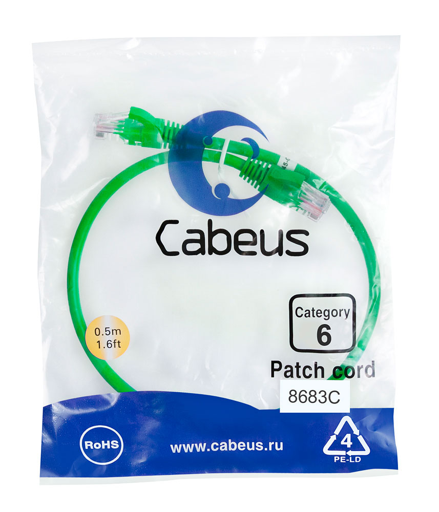 Патч-корд RJ45 UTP 6 Cabeus PC-UTP-RJ45-Cat.6-0.5m-GN PVC зеленый 0.5 метра