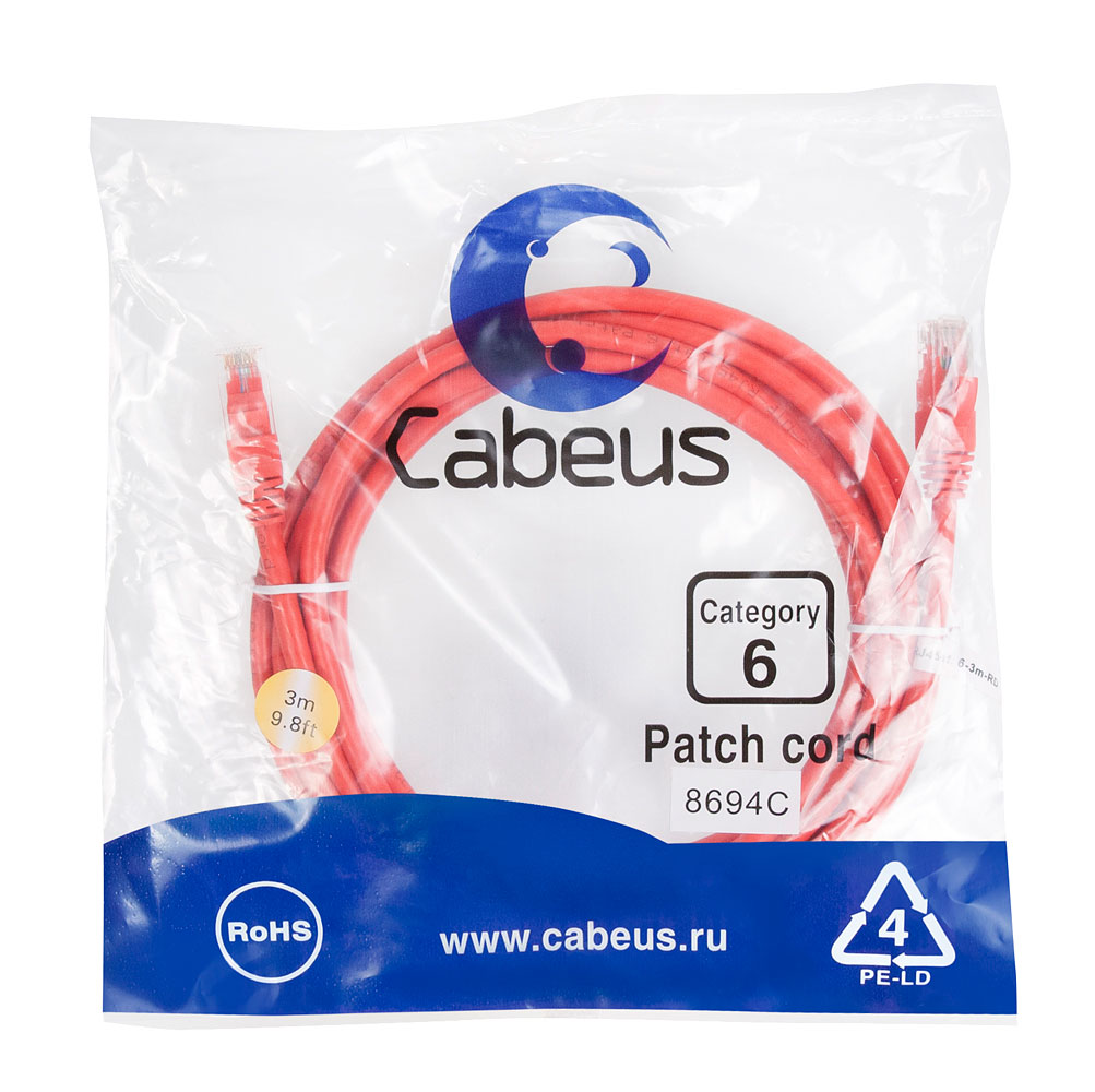Патч-корд RJ45 UTP 6 Cabeus PC-UTP-RJ45-Cat.6-3m-RD PVC красный 3 метра