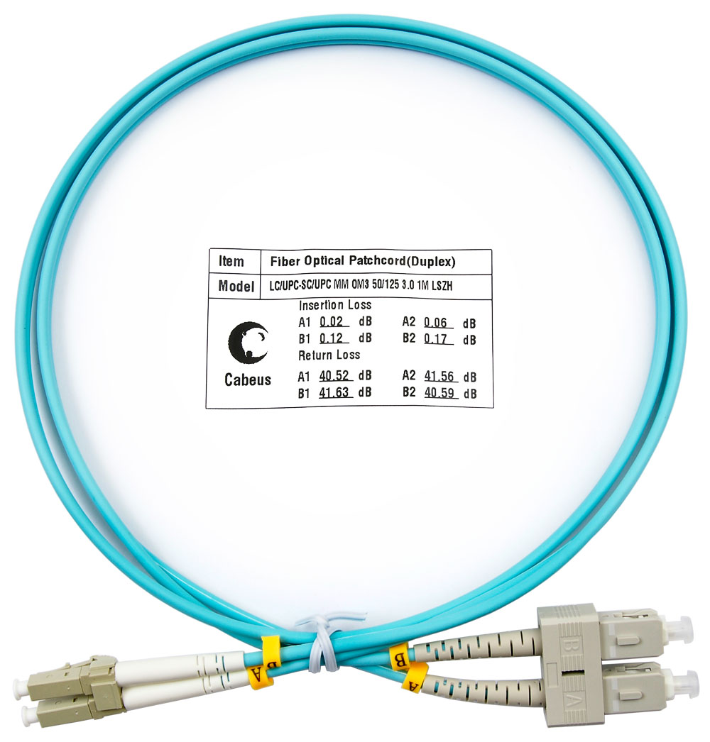 Оптический патч-корд duplex LC-SC 50/125 MM Cabeus FOP-50-LC-SC-1m 1 метр бирюзовый LSZH