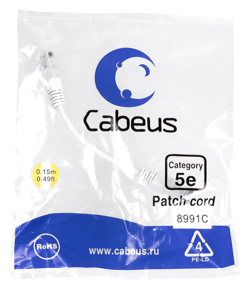Патч-корд RJ45 UTP 5e Cabeus PC-UTP-RJ45-Cat.5e-0.15m-WH-LSZH LSZH белый 0.15 метра