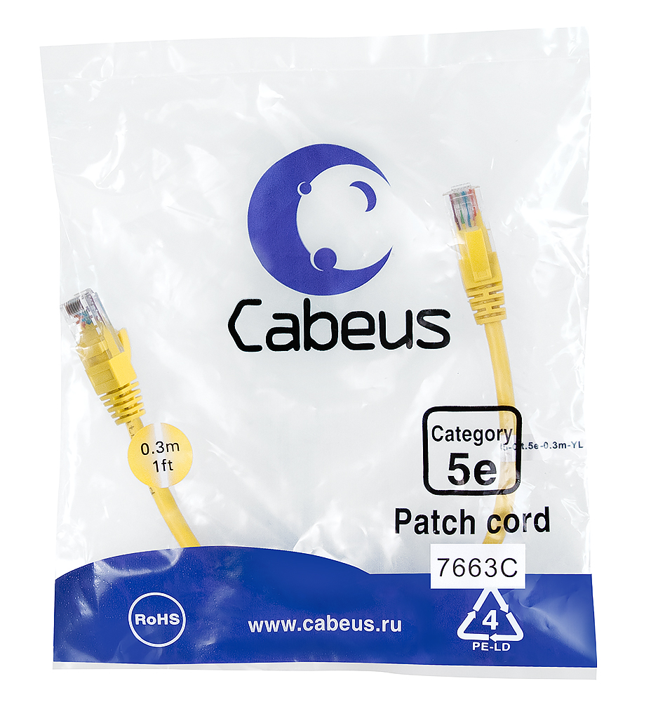 Патч-корд RJ45 UTP 5e Cabeus PC-UTP-RJ45-Cat.5e-0.3m-YL-LSZH LSZH желтый 0.3 метра