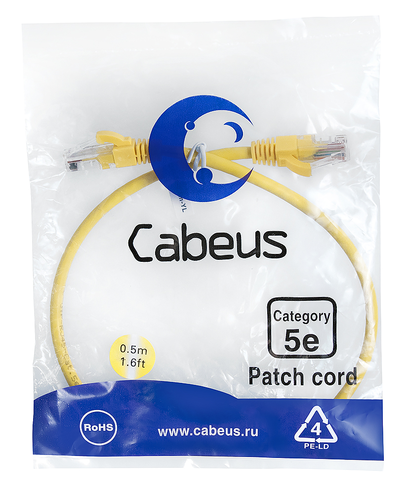 Патч-корд RJ45 UTP 5e Cabeus PC-UTP-RJ45-Cat.5e-0.5m-YL-LSZH LSZH желтый 0.5 метра