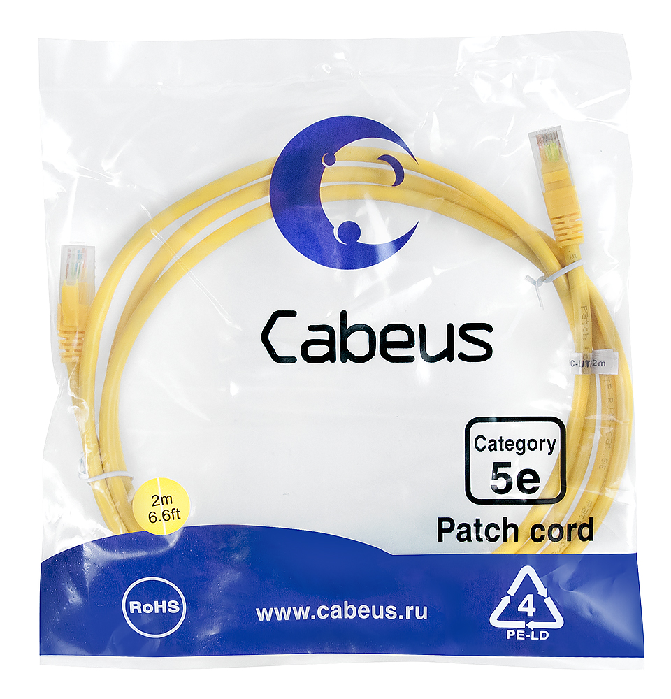 Патч-корд RJ45 UTP 5e Cabeus PC-UTP-RJ45-Cat.5e-2m-YL-LSZH LSZH желтый 2 метра