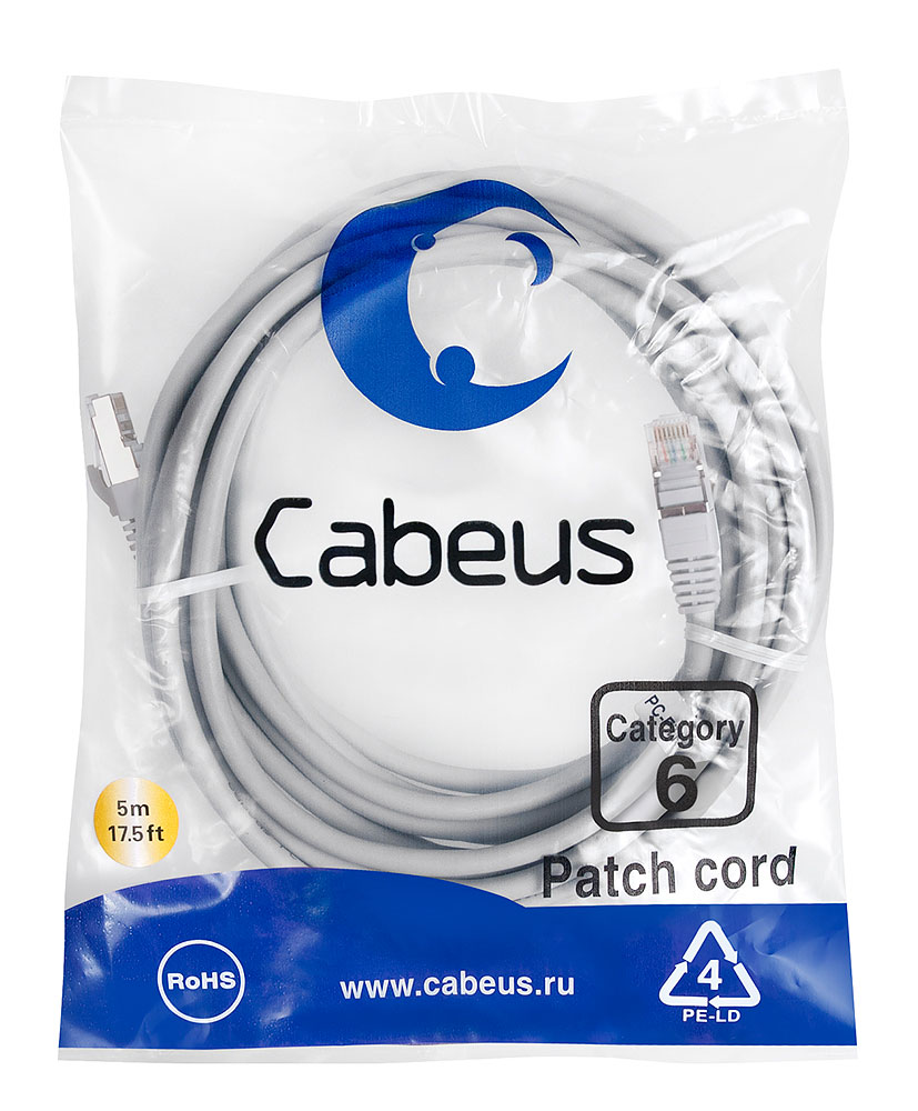 Патч-корд RJ45 F/UTP 6 Cabeus PC-FTP-RJ45-Cat.6-5m-LSZH LSZH серый 5 метров — фото