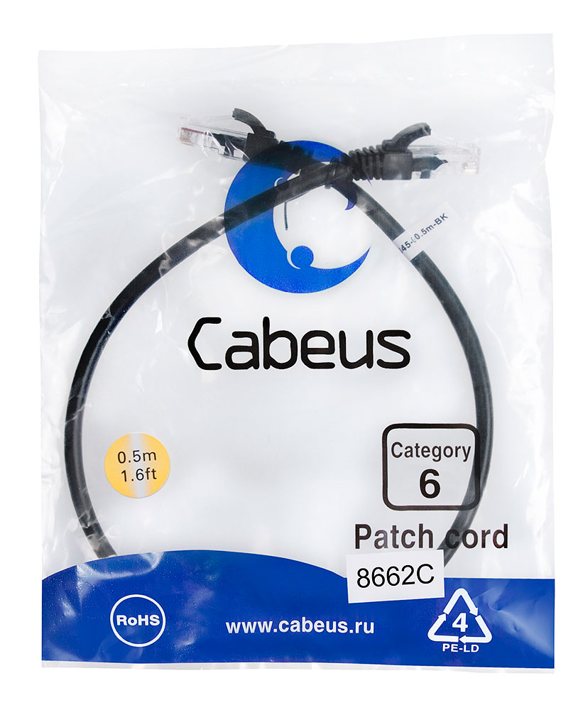 Патч-корд RJ45 UTP 6 Cabeus PC-UTP-RJ45-Cat.6-0.5m-BK PVC черный 0.5 метра