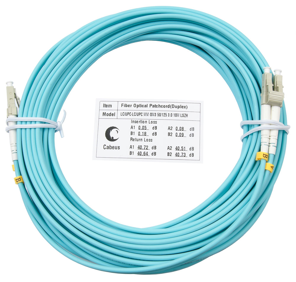 Оптический патч-корд duplex LC-LC 50/125 MM Cabeus FOP-50-LC-LC-15m 15 метров бирюзовый LSZH