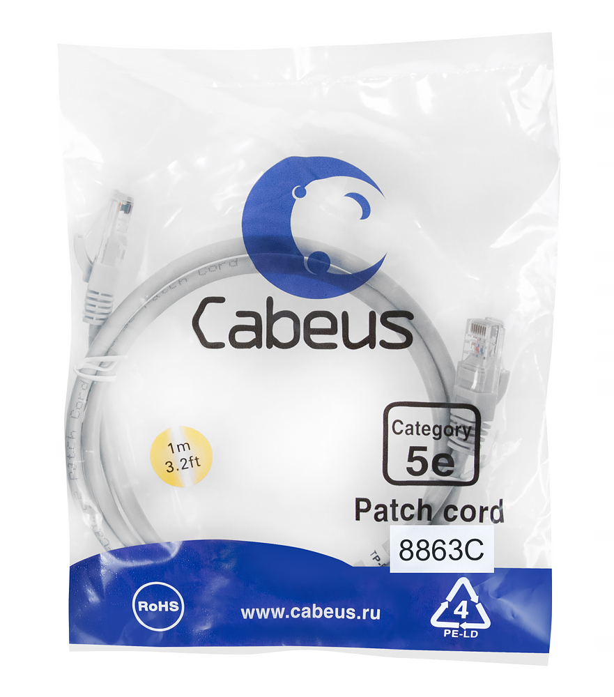 Патч-корд RJ45 UTP 5e Cabeus PC-UTP-RJ45-Cat.5e-1m-LSZH LSZH серый 1 метр