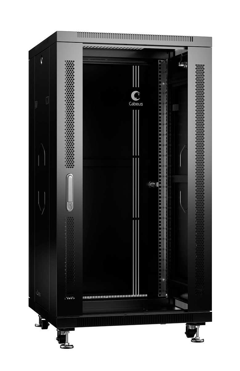Cabeus SH-05C-22U60/60-BK Шкаф монтажный телекоммуникационный 19" напольный для распределительного и серверного оборудования 22U 600x600x1166mm (ШхГхВ) передняя стеклянная и задняя сплошная металлическая двери, ручка с замком, цвет черный (RAL 9004) — фото