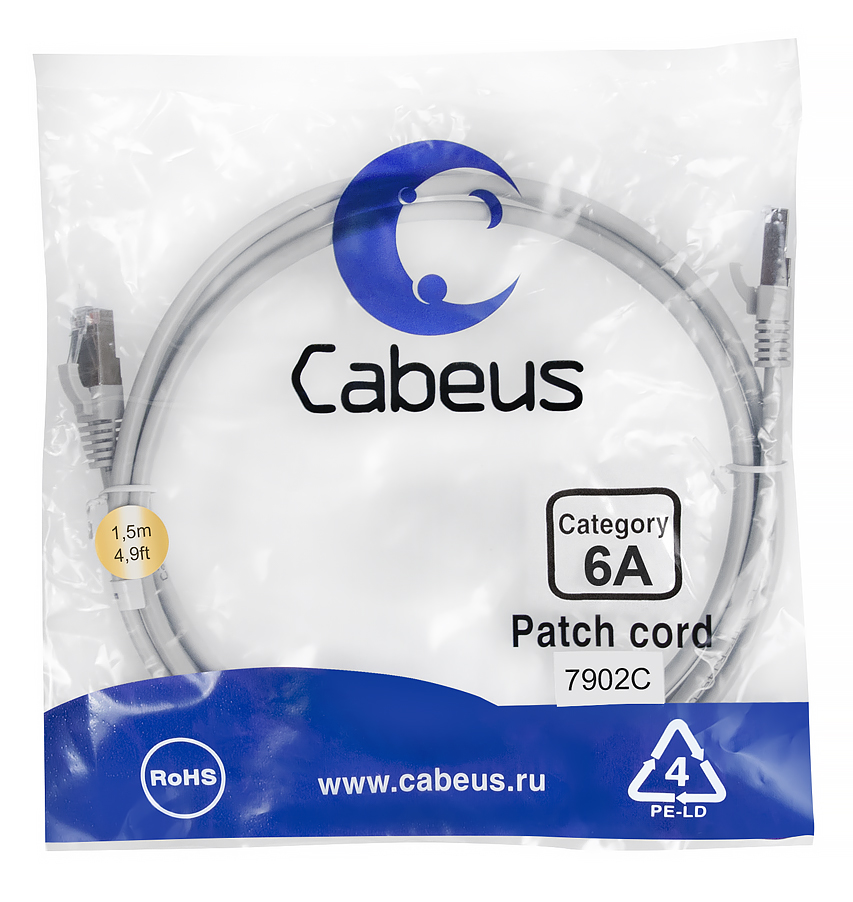 Патч-корд RJ45 S/FTP 6a Cabeus PC-SSTP-RJ45-Cat.6a-1.5m-LSZH LSZH серый 1.5 метра