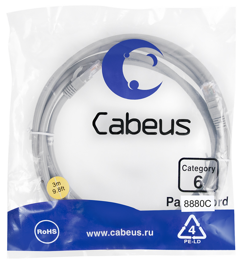 Патч-корд RJ45 UTP 6 Cabeus PC-UTP-RJ45-Cat.6-3m-LSZH LSZH серый 3 метра