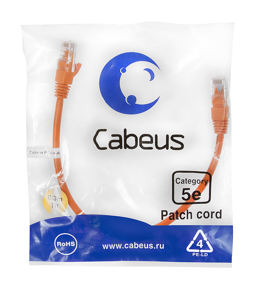 Патч-корд RJ45 UTP 5e Cabeus PC-UTP-RJ45-Cat.5e-0.3m-OR-LSZH LSZH оранжевый 0.3 метра