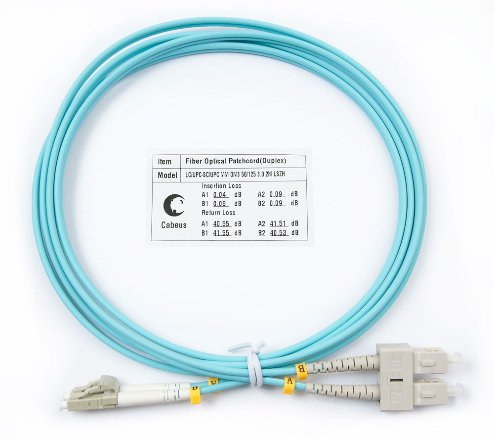 Оптический патч-корд duplex LC-SC 50/125 MM Cabeus FOP-50-LC-SC-1,5m 1.5 метра бирюзовый LSZH