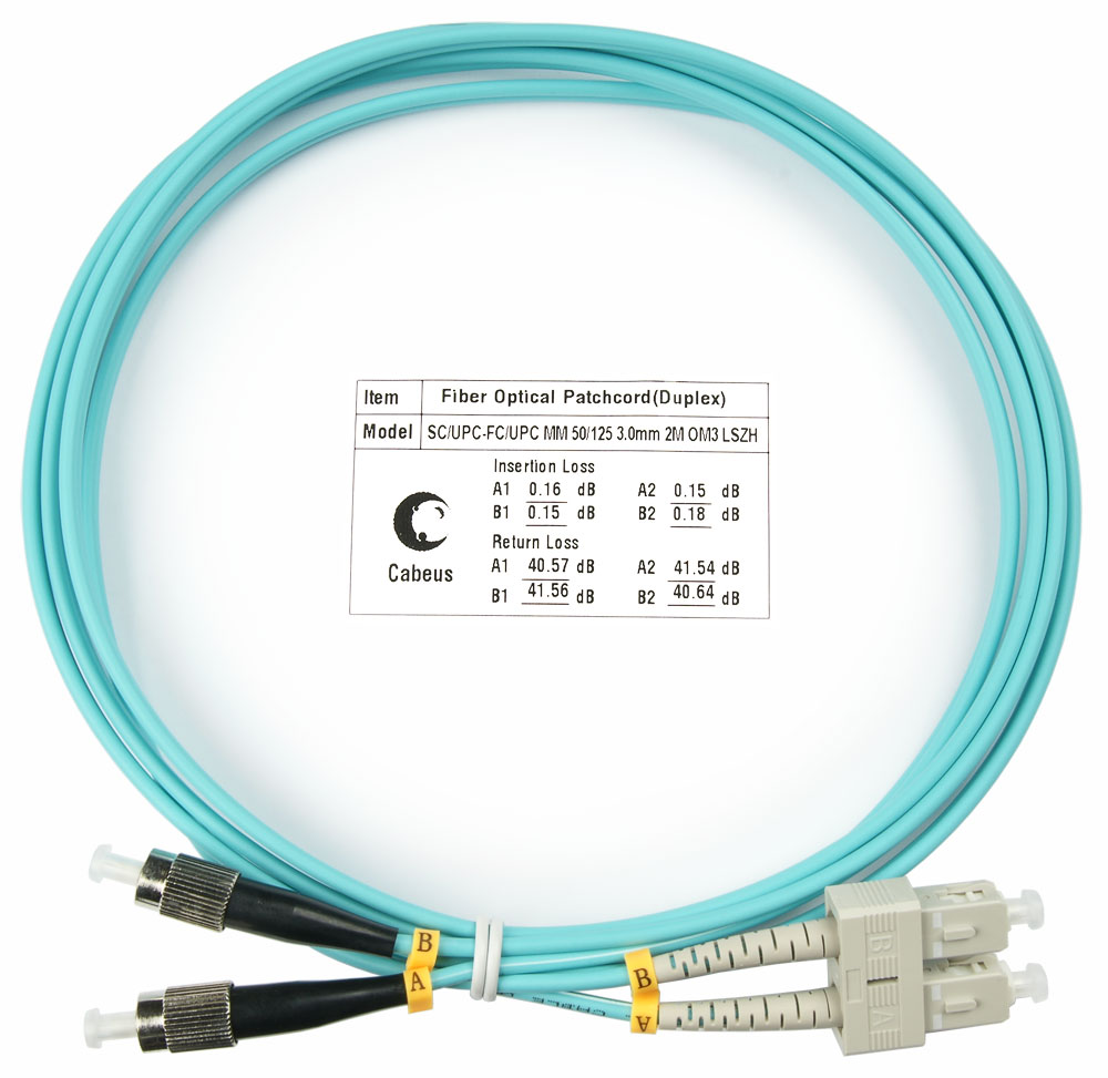 Оптический патч-корд duplex FC-SC 50/125 MM Cabeus FOP-50-SC-FC-2m 2 метра бирюзовый LSZH
