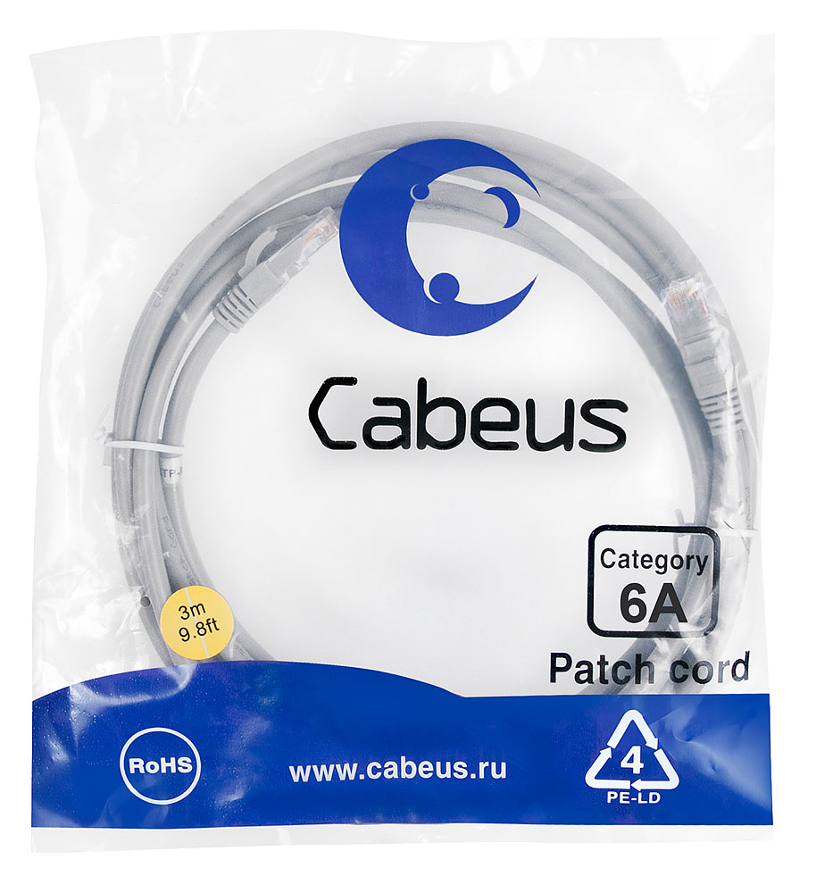 Патч-корд RJ45 UTP 6a Cabeus PC-UTP-RJ45-Cat.6a-3m-LSZH LSZH серый 3 метра
