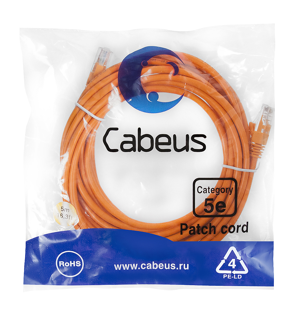 Патч-корд RJ45 UTP 5e Cabeus PC-UTP-RJ45-Cat.5e-5m-OR PVC оранжевый 5 метров