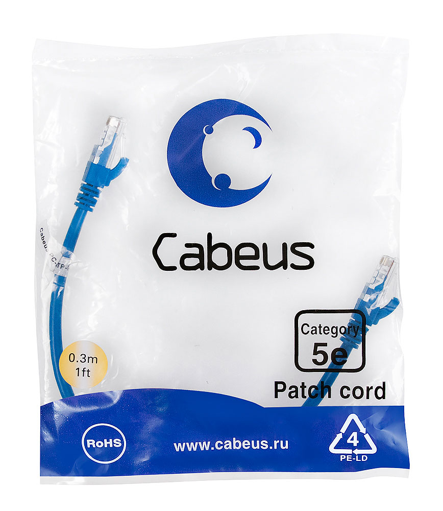 Патч-корд RJ45 UTP 5e Cabeus PC-UTP-RJ45-Cat.5e-0.3m-BL-LSZH LSZH синий 0.3 метра — фото