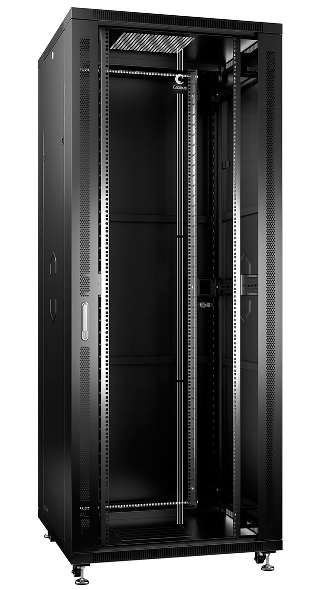 Cabeus SH-05C-42U80/100-BK Шкаф монтажный телекоммуникационный 19" напольный для распределительного и серверного оборудования 42U 800x1000x2055mm (ШхГхВ) передняя стеклянная и задняя сплошная металлическая двери, ручка с замком, цвет черный (RAL 9004) — фото