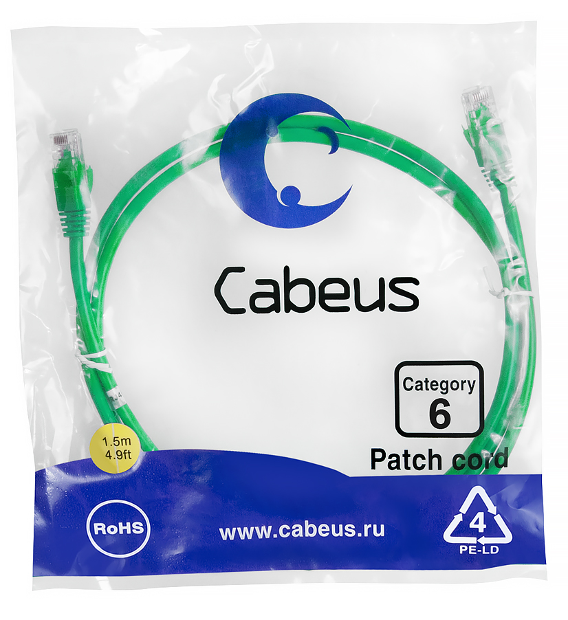 Патч-корд RJ45 UTP 6 Cabeus PC-UTP-RJ45-Cat.6-1.5m-GN PVC зеленый 1.5 метра — фото