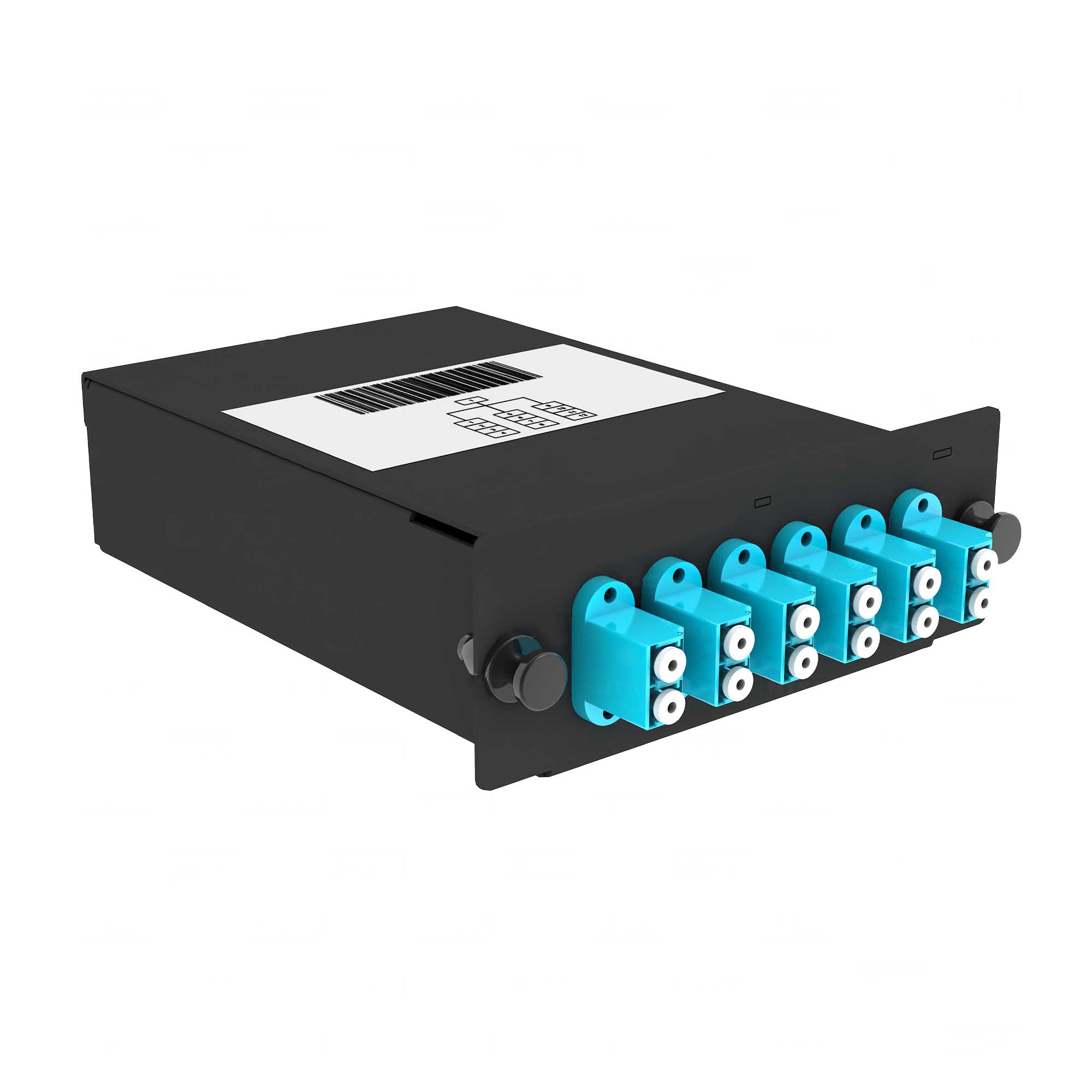 Cabeus FO-OM3-1x12MPO(m)/U-12xLC/U-А-BK Кассета кроссовая 1 разъем MPO/UPC (male) 50/125 OМ3, на 12 LC/UPС (6 DLC/UPC),  черный