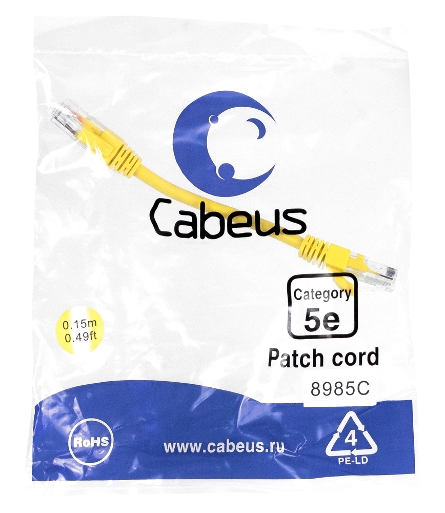 Патч-корд RJ45 UTP 5e Cabeus PC-UTP-RJ45-Cat.5e-0.15m-YL PVC желтый 0.15 метра
