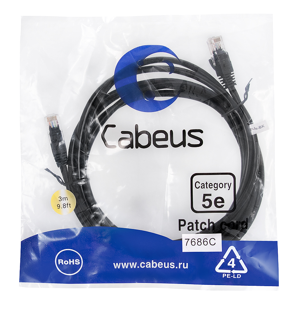 Патч-корд RJ45 UTP 5e Cabeus PC-UTP-RJ45-Cat.5e-3m-BK-LSZH LSZH черный 3 метра — фото