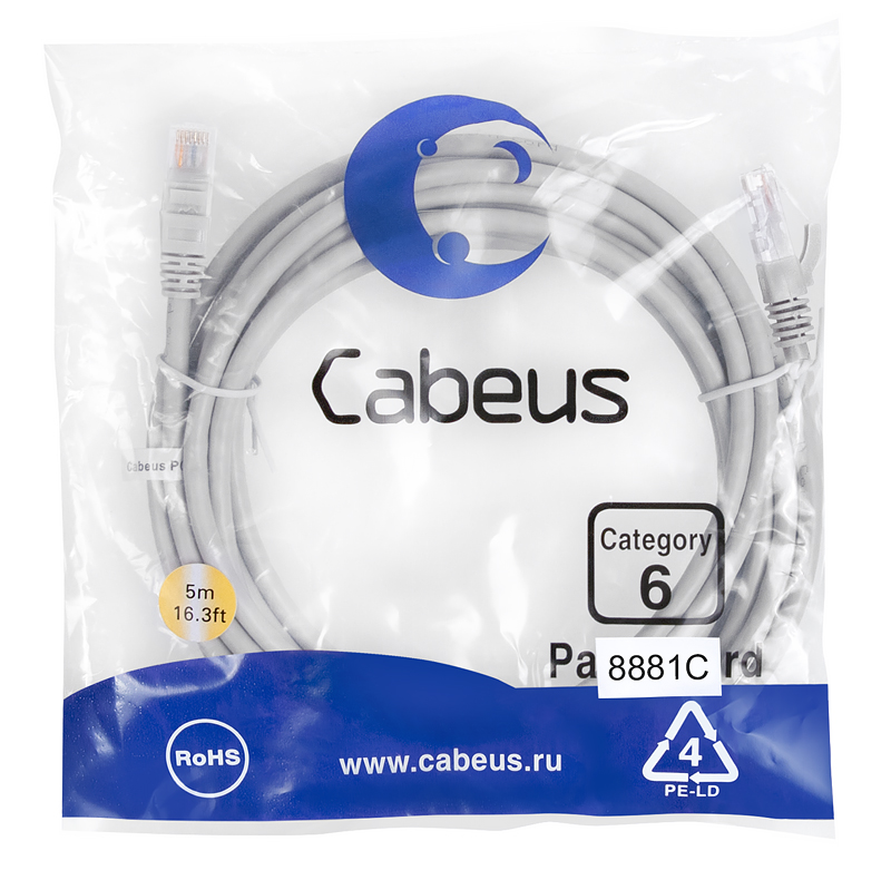 Патч-корд RJ45 UTP 6 Cabeus PC-UTP-RJ45-Cat.6-5m-LSZH LSZH серый 5 метров