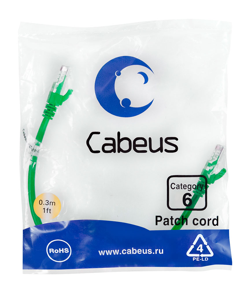 Патч-корд RJ45 UTP 6 Cabeus PC-UTP-RJ45-Cat.6-0.3m-GN PVC зеленый 0.3 метра — фото
