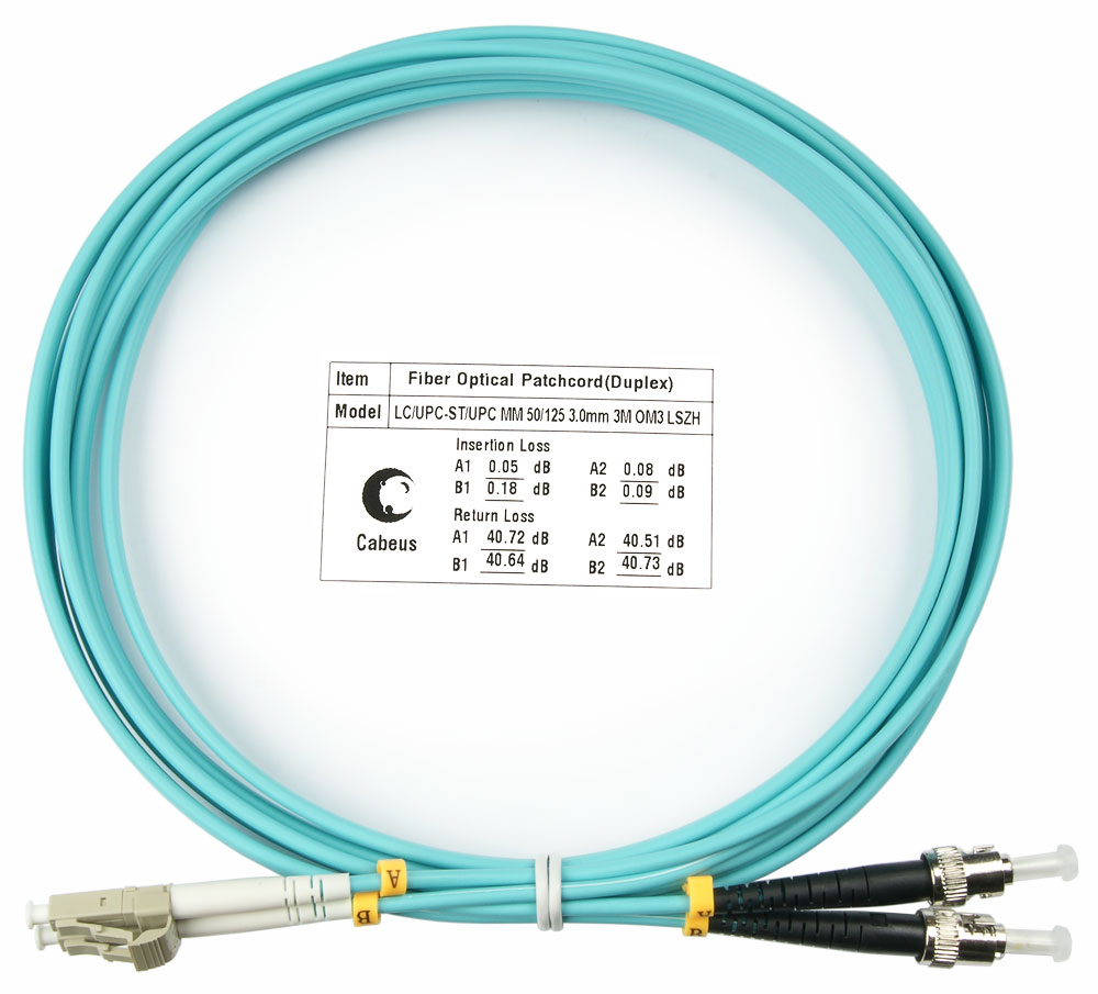 Оптический патч-корд duplex LC-ST 50/125 MM Cabeus FOP-50-LC-ST-3m 3 метра бирюзовый LSZH