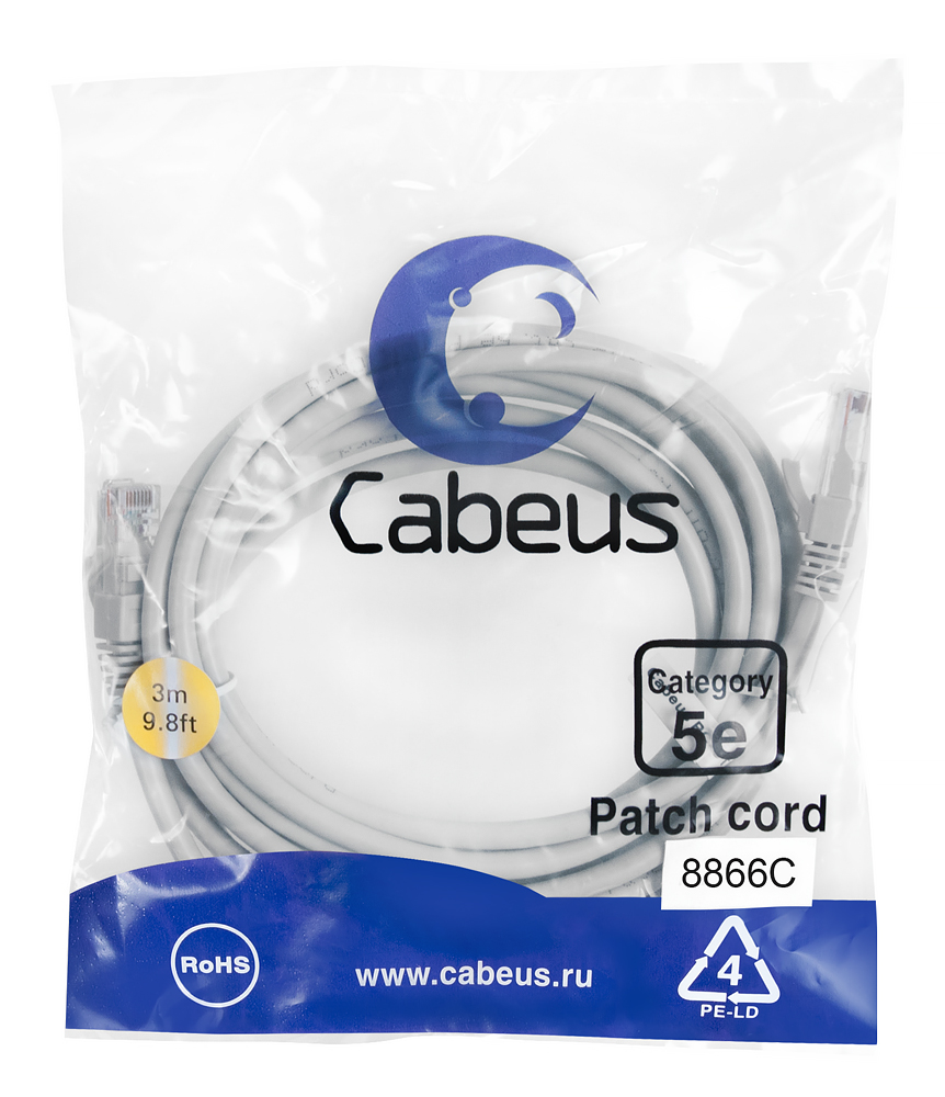 Патч-корд RJ45 UTP 5e Cabeus PC-UTP-RJ45-Cat.5e-3m-LSZH LSZH серый 3 метра