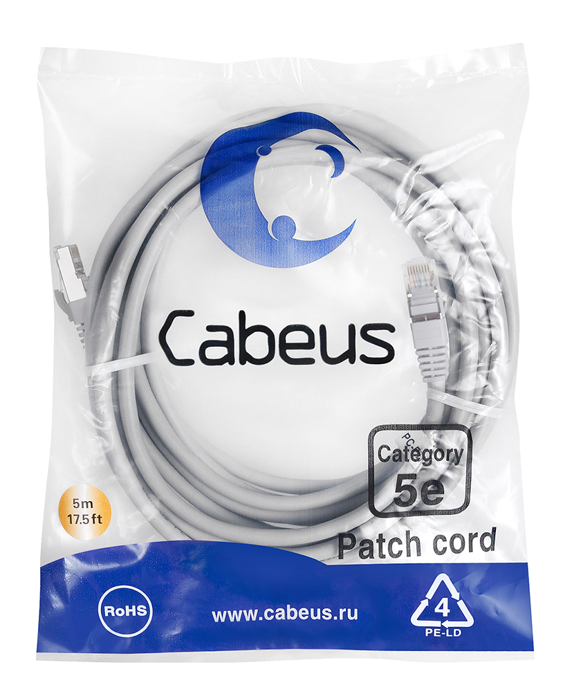 Патч-корд RJ45 F/UTP 5e Cabeus PC-FTP-RJ45-Cat.5e-5m PVC серый 5 метров