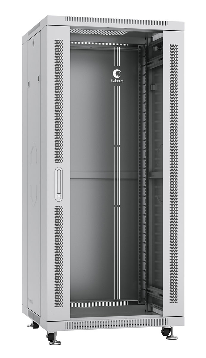Cabeus SH-05C-27U60/100 Шкаф монтажный телекоммуникационный 19" напольный для распределительного и серверного оборудования 27U 600x1000x1388mm (ШхГхВ) передняя стеклянная и задняя сплошная металлическая двери, ручка с замком, цвет серый (RAL 7035) — фото