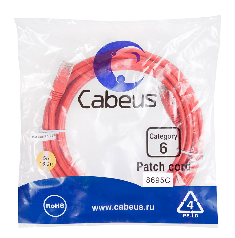 Патч-корд RJ45 UTP 6 Cabeus PC-UTP-RJ45-Cat.6-5m-RD PVC красный 5 метров
