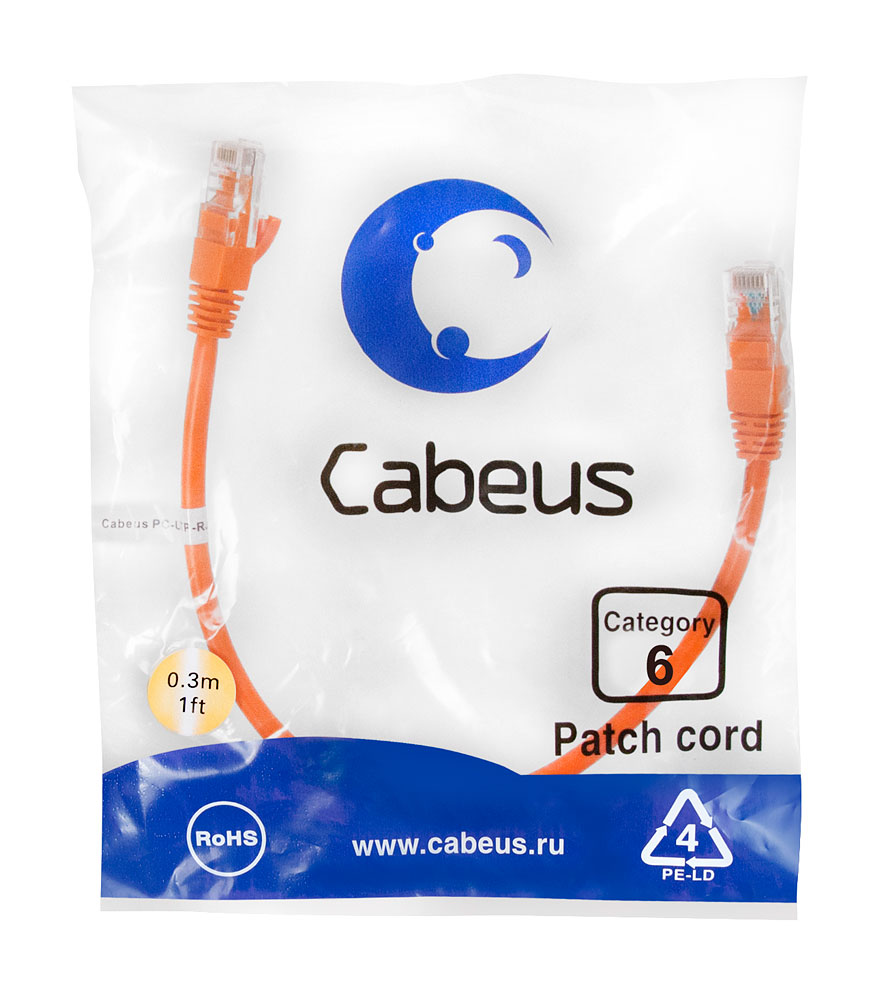 Патч-корд RJ45 UTP 6 Cabeus PC-UTP-RJ45-Cat.6-0.3m-OR PVC оранжевый 0.3 метра