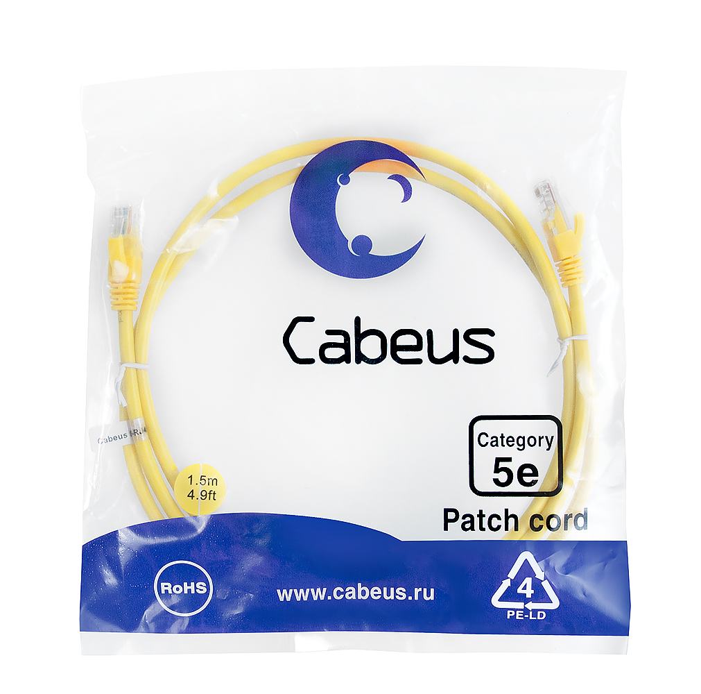 Патч-корд RJ45 UTP 5e Cabeus PC-UTP-RJ45-Cat.5e-1.5m-YL PVC желтый 1.5 метра