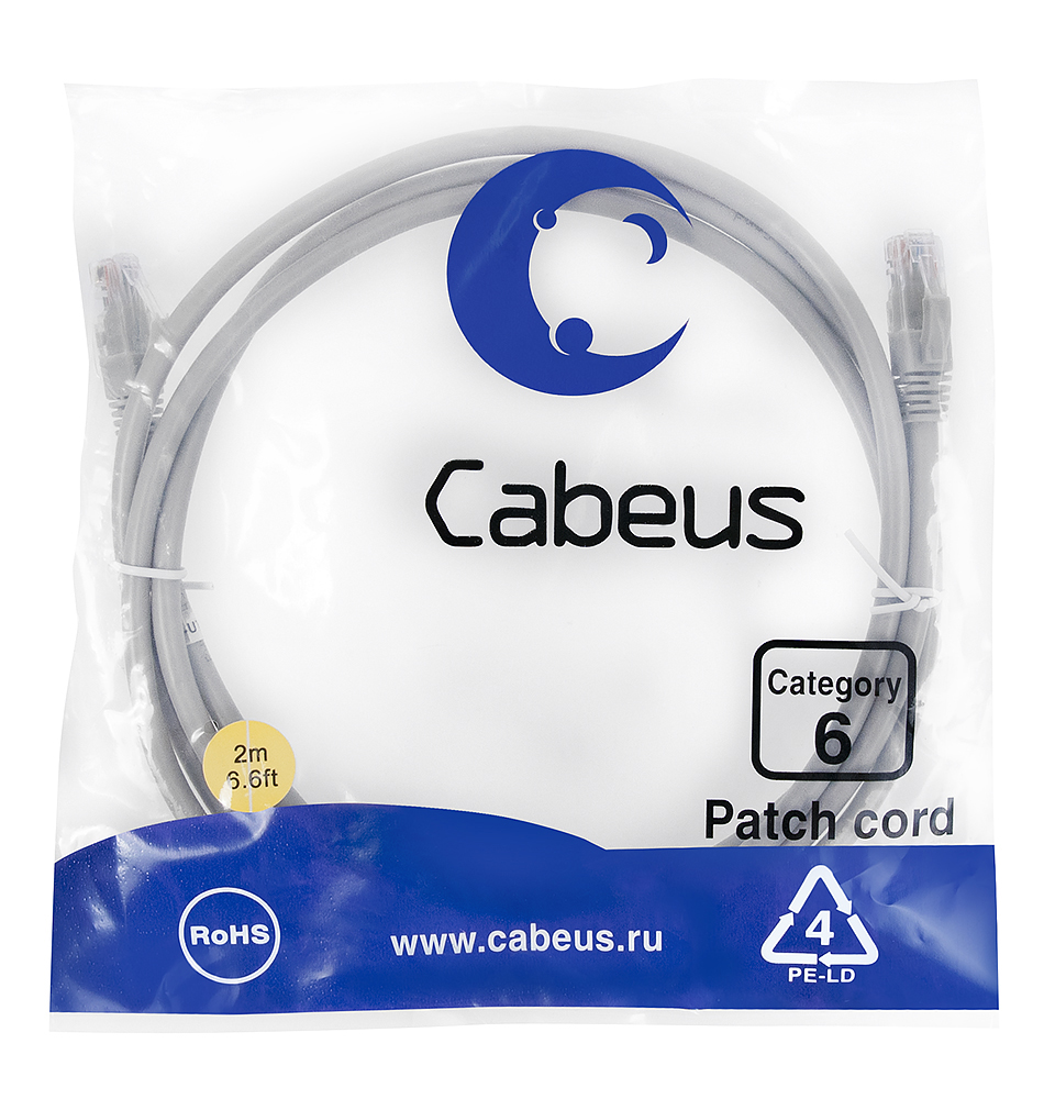 Патч-корд RJ45 UTP 6 Cabeus PC-UTP-RJ45-Cat.6-2m PVC серый 2 метра — фото
