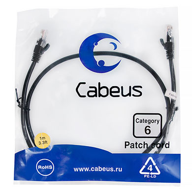 Патч-корд RJ45 UTP 6 Cabeus PC-UTP-RJ45-Cat.6-1m-BK PVC черный 1 метр