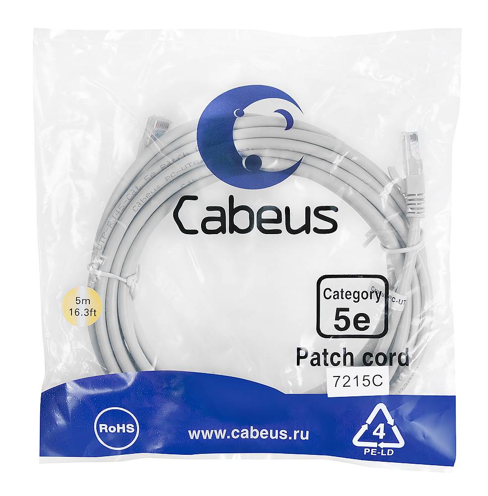 Патч-корд RJ45 UTP 5e Cabeus PC-UTP-RJ45-Cat.5e-5m PVC серый 5 метров — фото