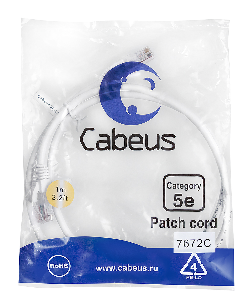 Патч-корд RJ45 UTP 5e Cabeus PC-UTP-RJ45-Cat.5e-1m-WH-LSZH LSZH белый 1 метр — фото